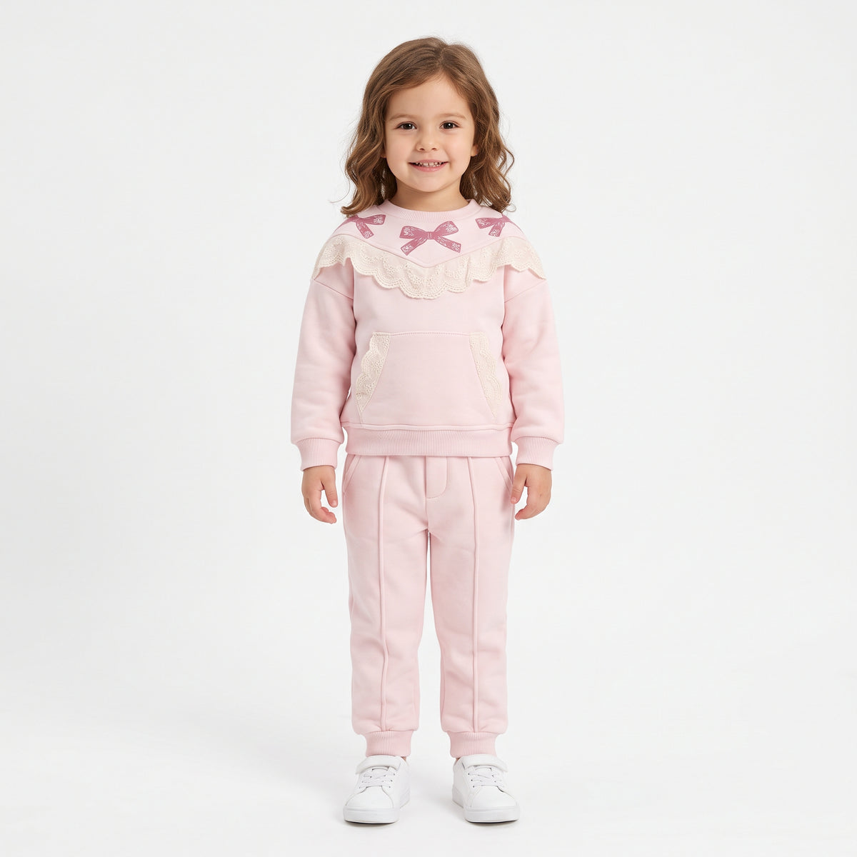 Baby Girls Bow Print Lace-Trim Sweatshirt and Sweatpants Set