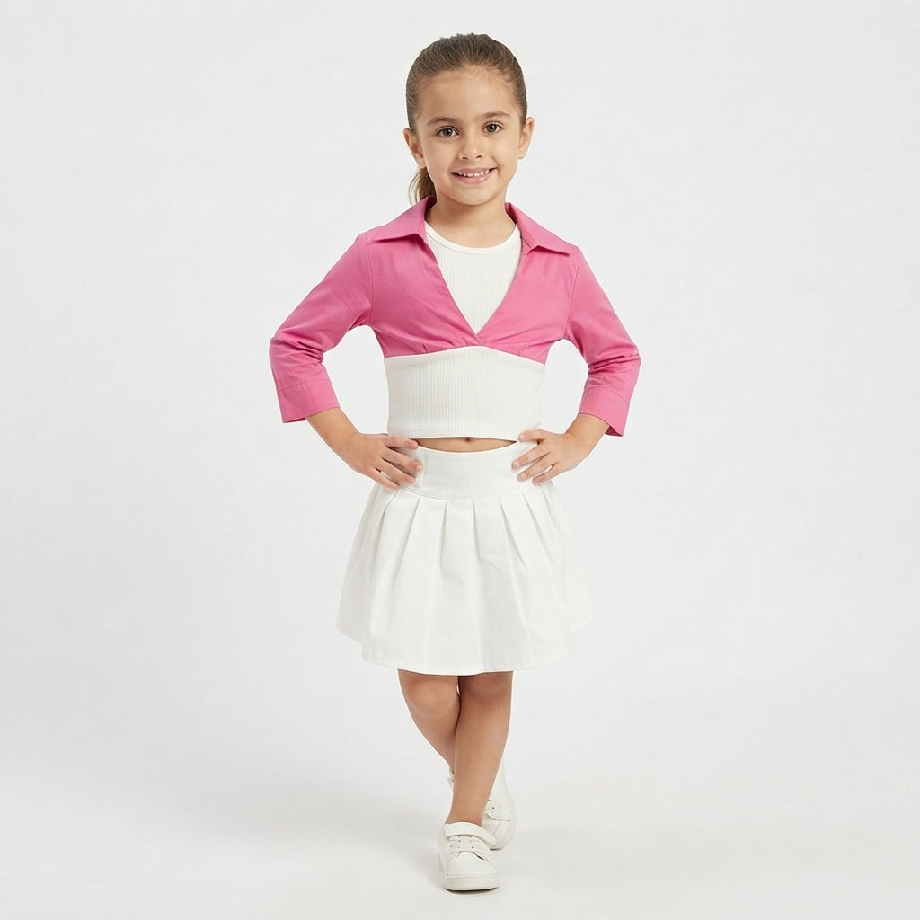 Girls' Two-Tone Long Sleeve Top and Casual White Skirt Outfit