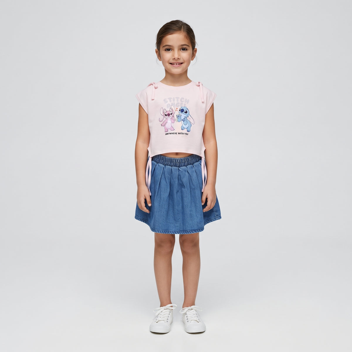 Girls "Stitch & Angel" Print Top and Denim Skirt Set