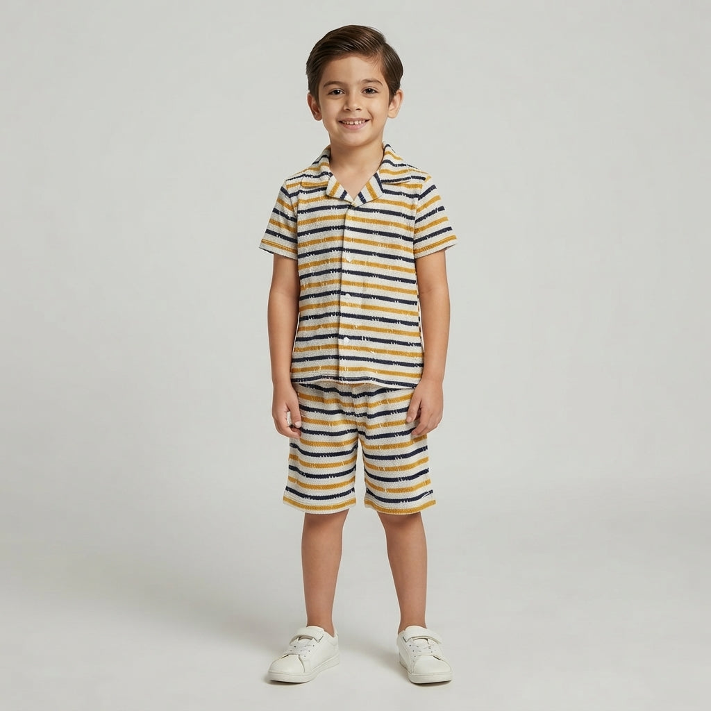 Boys Multi-Color Striped Short-Sleeve Camp Shirt and Shorts Set