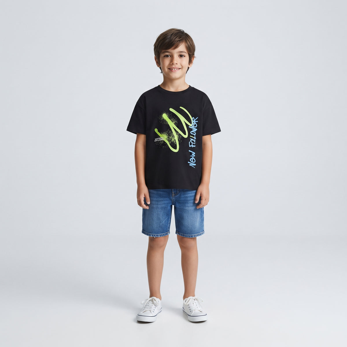 Boys Black Cotton T-Shirt with Green Print