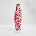 Girls Red Floral Print Ruffle-Sleeve Jumpsuit with Waist Tie