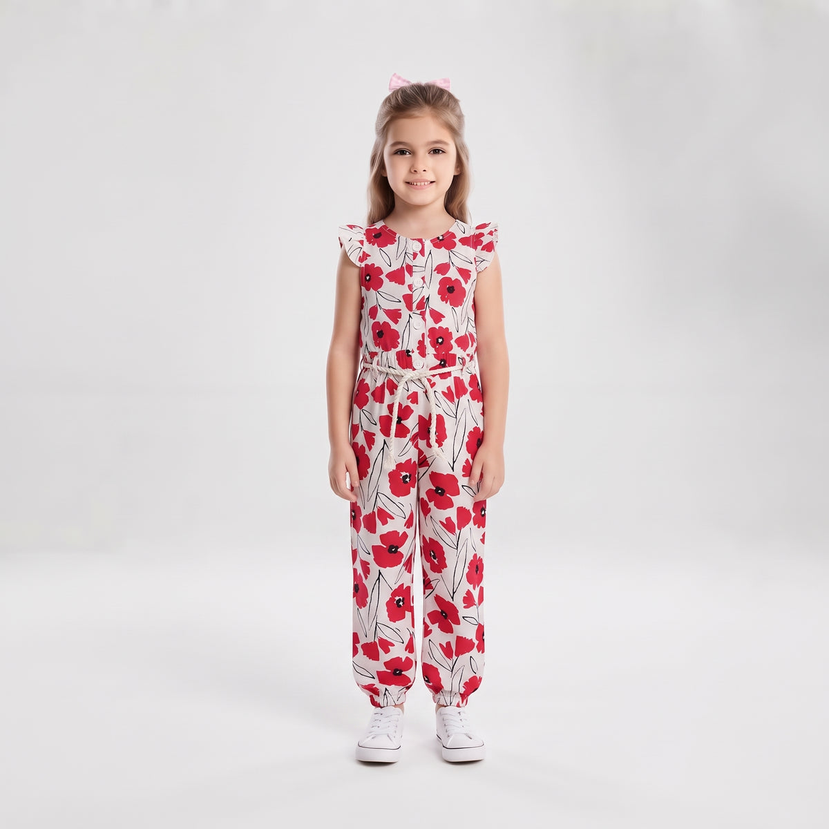 Girls Red Floral Print Ruffle-Sleeve Jumpsuit with Waist Tie