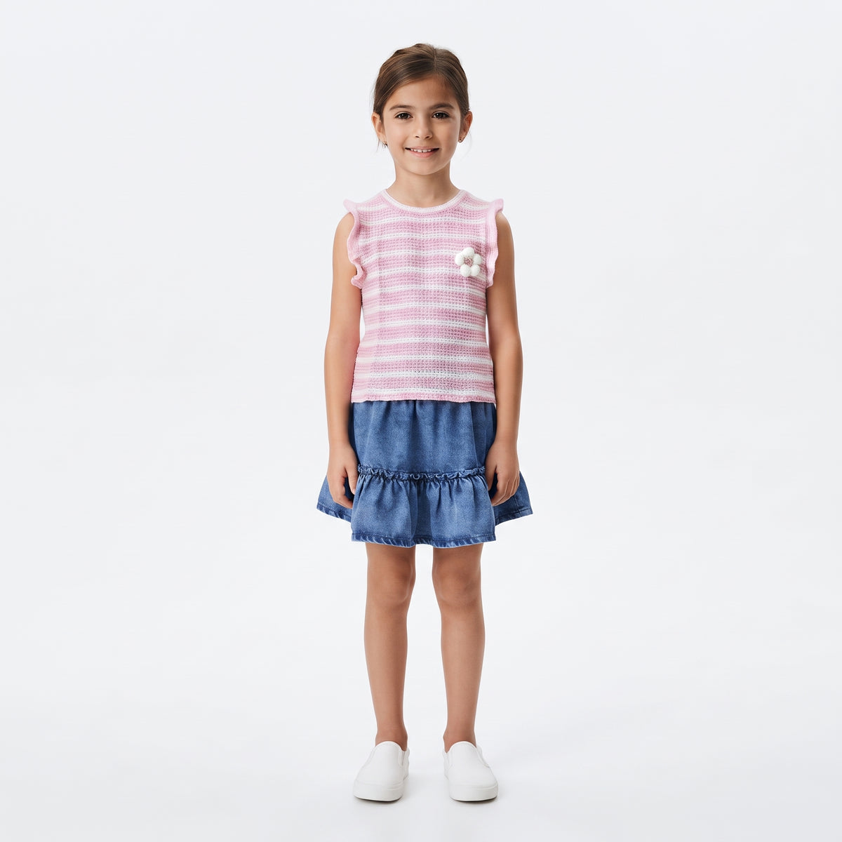 Girls Striped Top and Denim Skirt Set