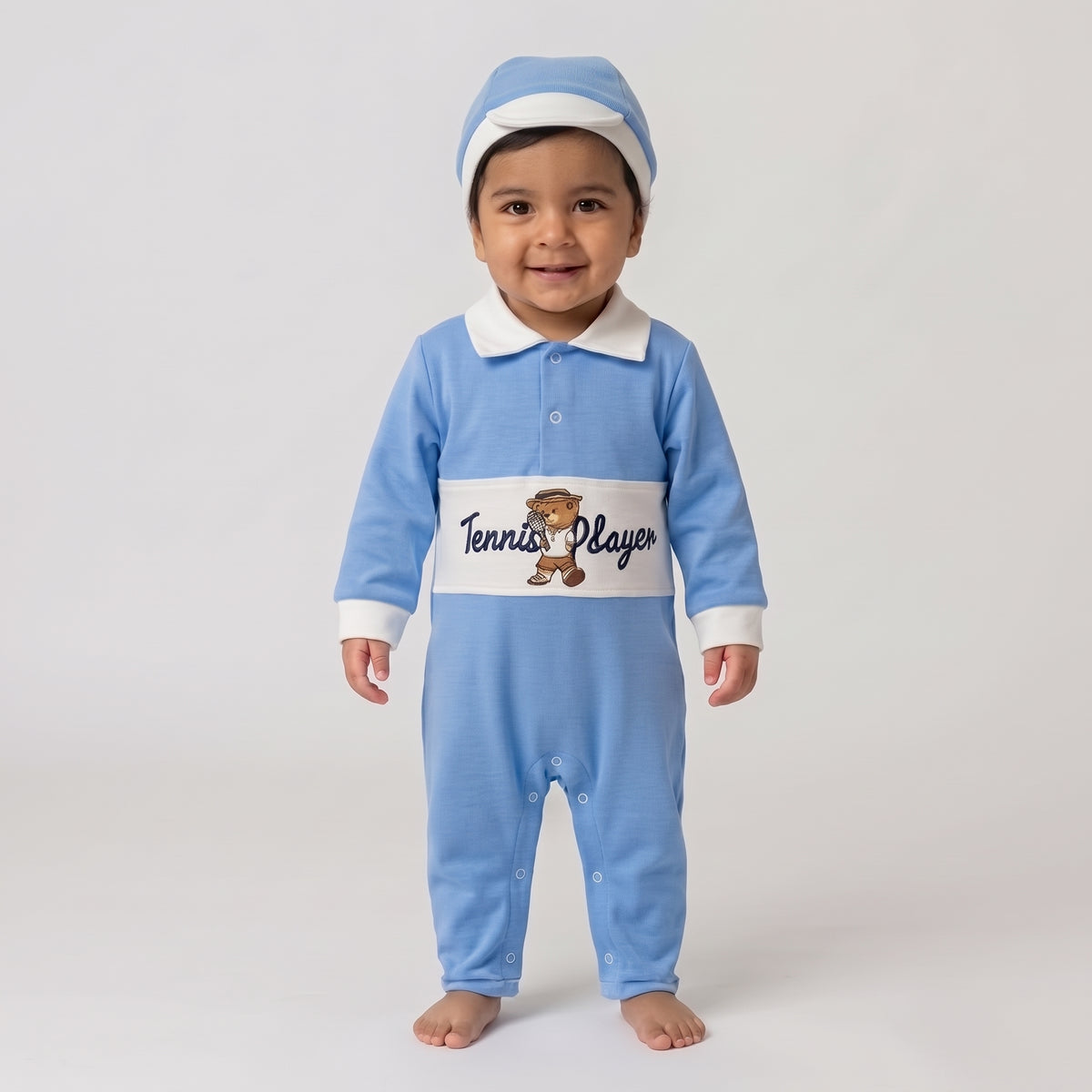 Newborn Baby Boy "Tennis Player" Bear Print Jumpsuit with Matching Cap Set