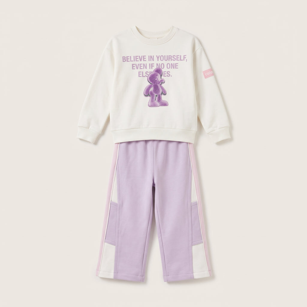 Girls' White & Purple Sweatshirt and Wide-Leg Pants Set