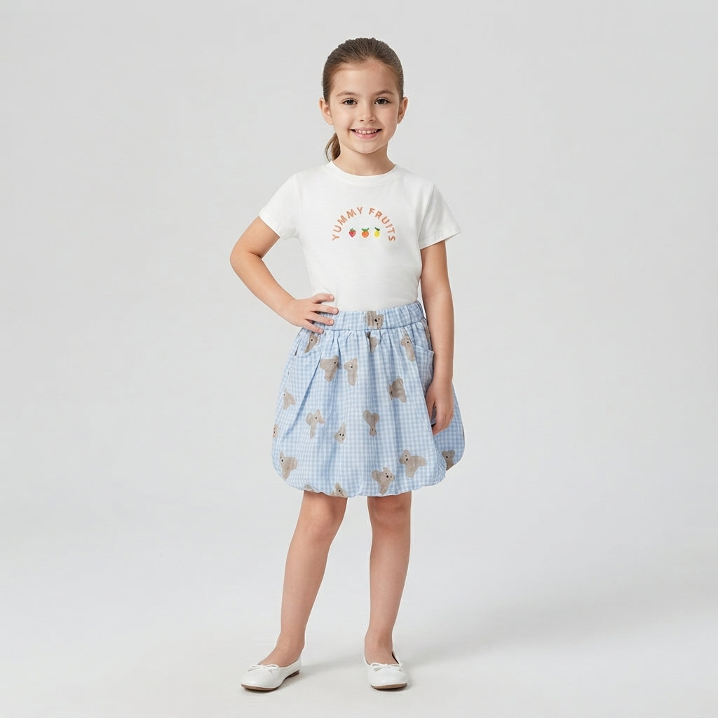 Girls' "Yummy Fruits" T-Shirt and Teddy Bear Gingham Skirt Set