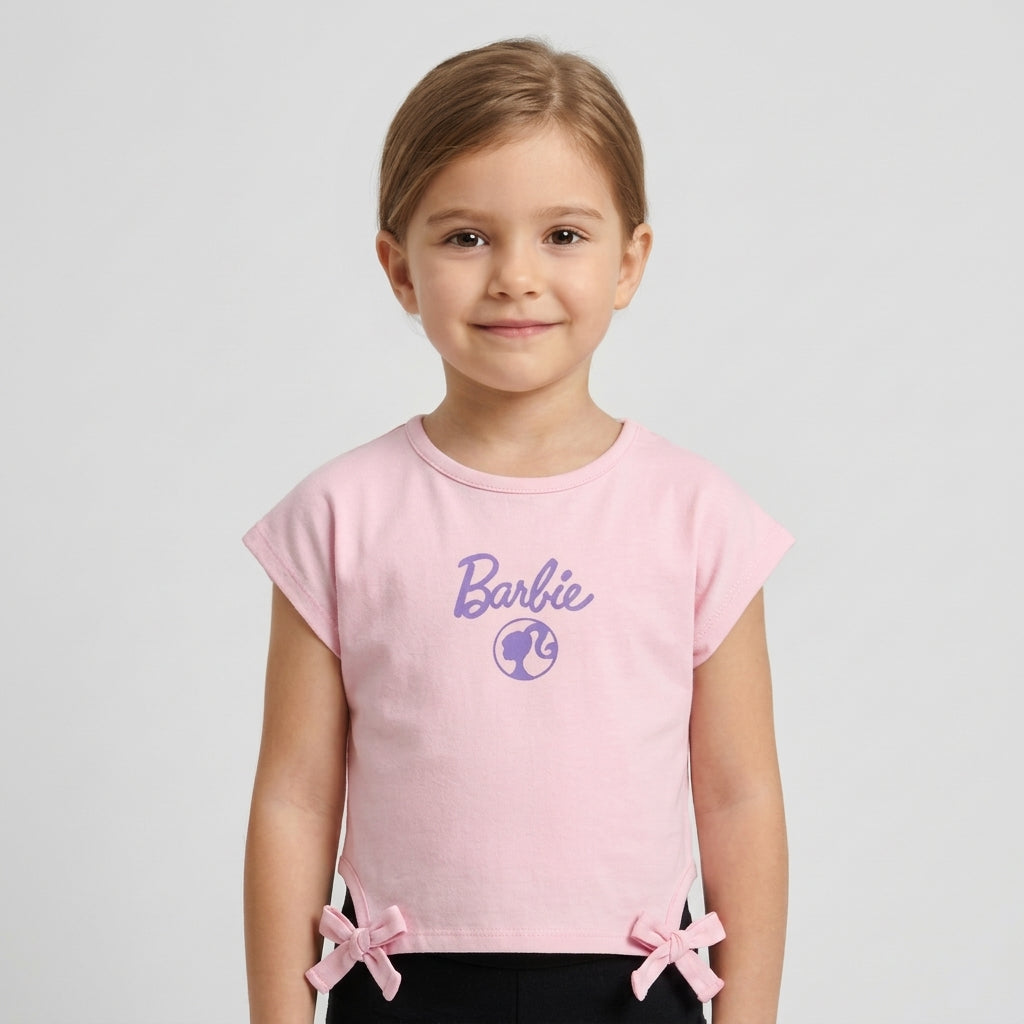 Girls' Pink Barbie Printed T-Shirt with Side Bows