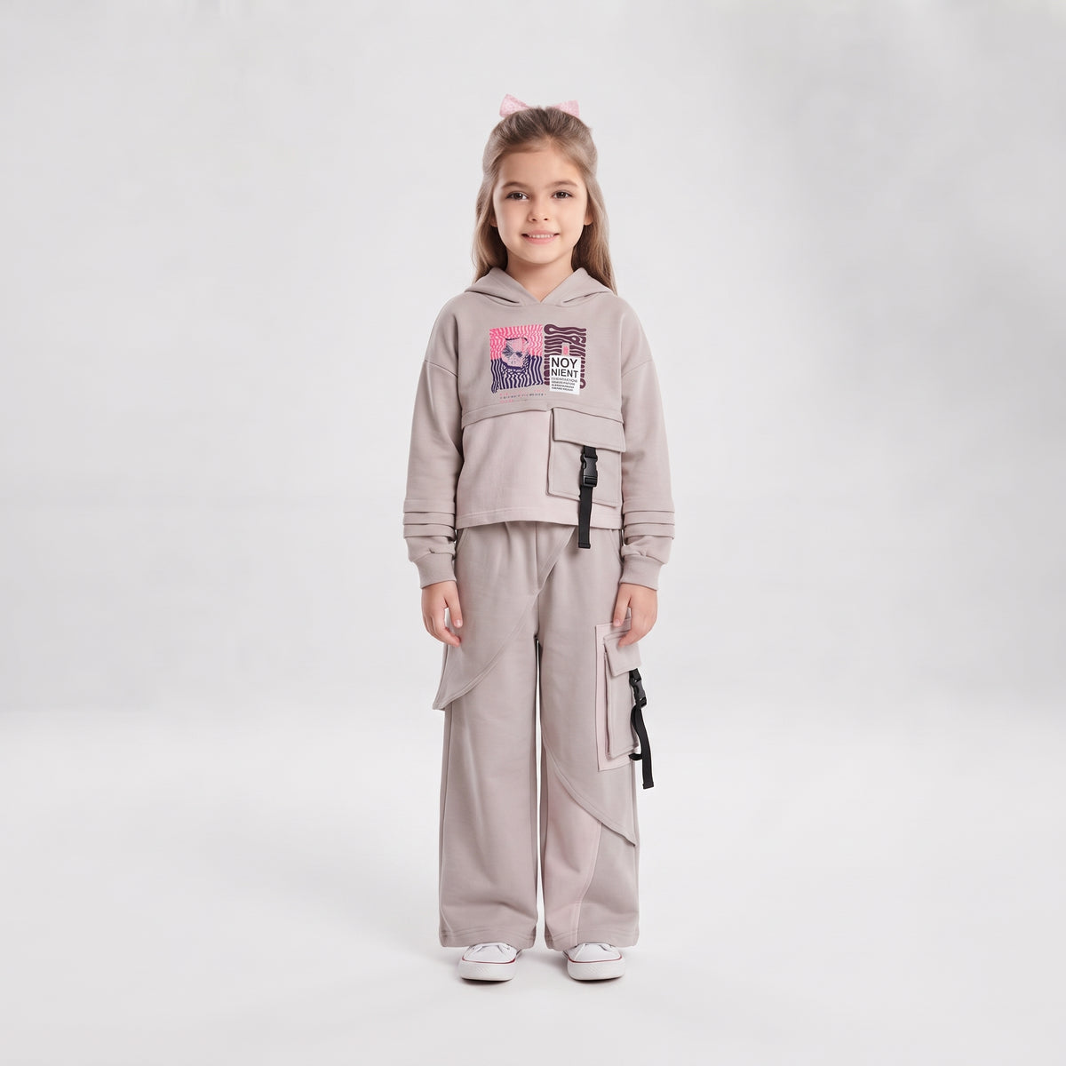 Girls Graphic Pocket Hooded Sweatshirt and Cargo Tracksuit