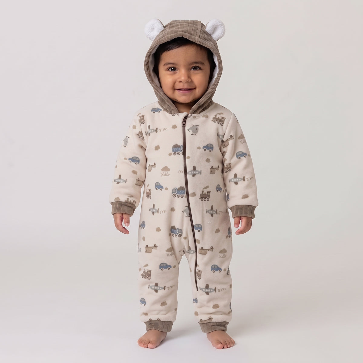 Baby Boys Hooded Fleece Jumpsuit with Bear Ears