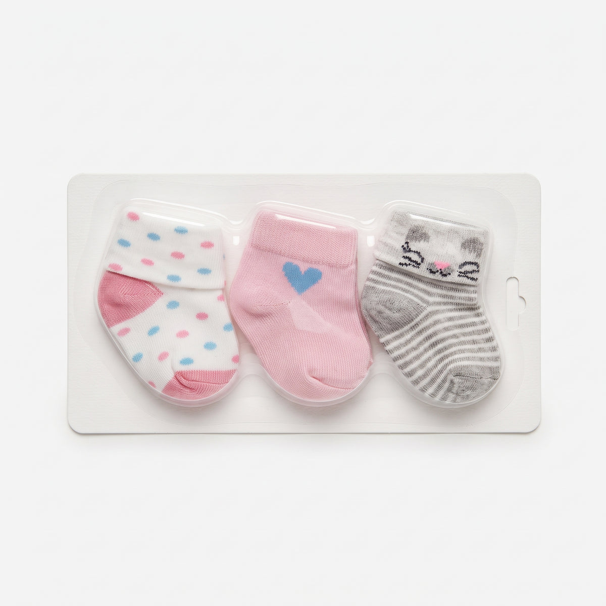 Newborn Girls 3-Pack Socks - Polka Dots, Heart, and Striped Cat Face