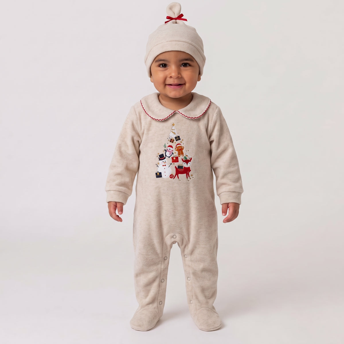 Newborn Baby Boy Velour Footed Jumpsuit with Matching Knot Hat