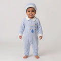 Newborn Baby Boy Blue & White Striped Footed Jumpsuit with Matching Beanie Hat