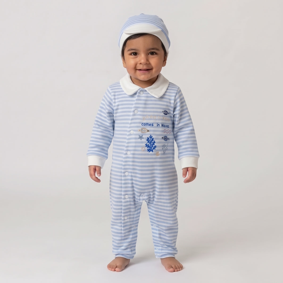 Newborn Baby Boy Blue & White Striped Footed Jumpsuit with Matching Beanie Hat