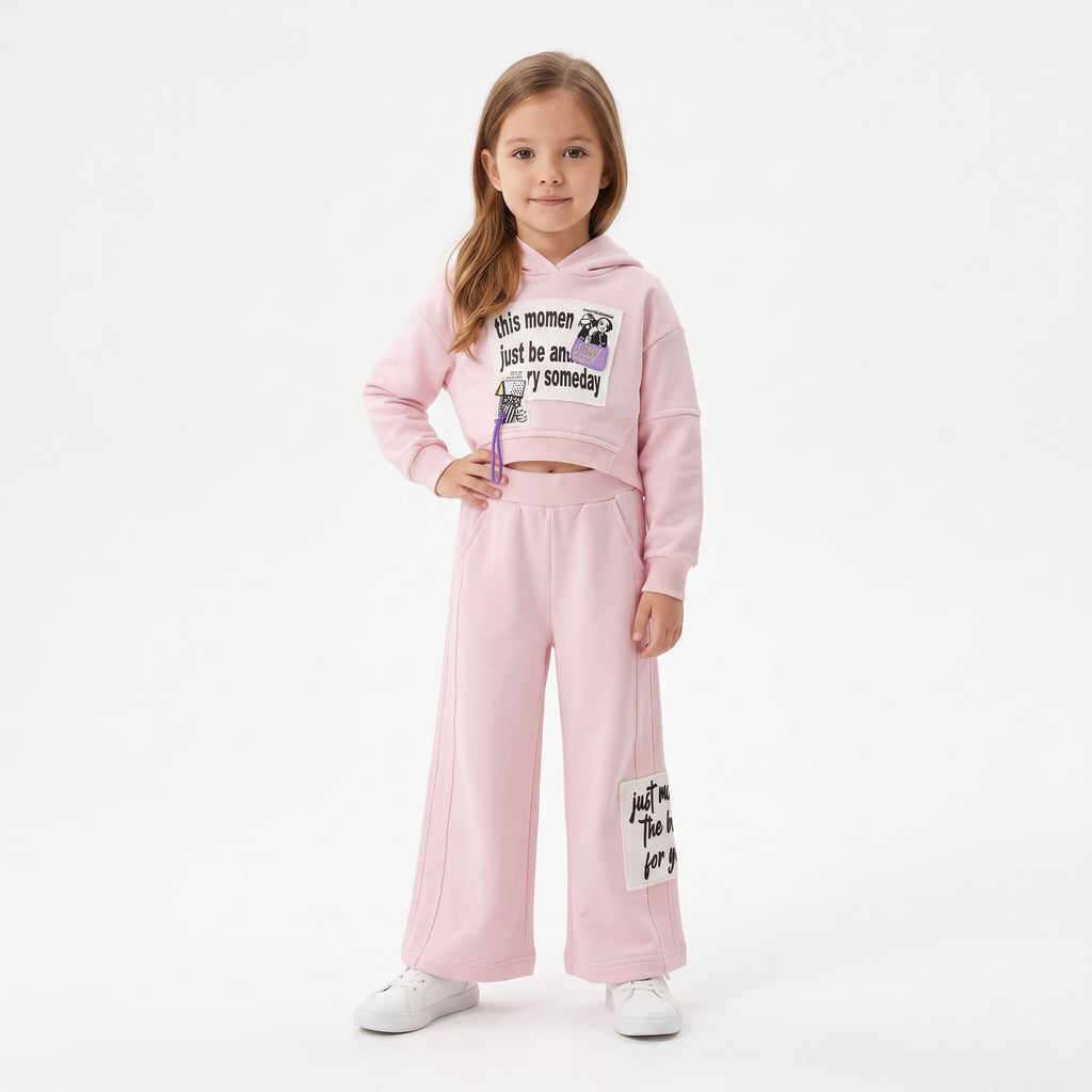 Girls' Pink Graphic Cropped Hoodie & Wide-Leg Pants Set