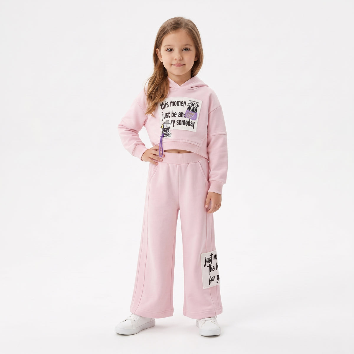Girls' Pink Graphic Cropped Hoodie & Wide-Leg Pants Set