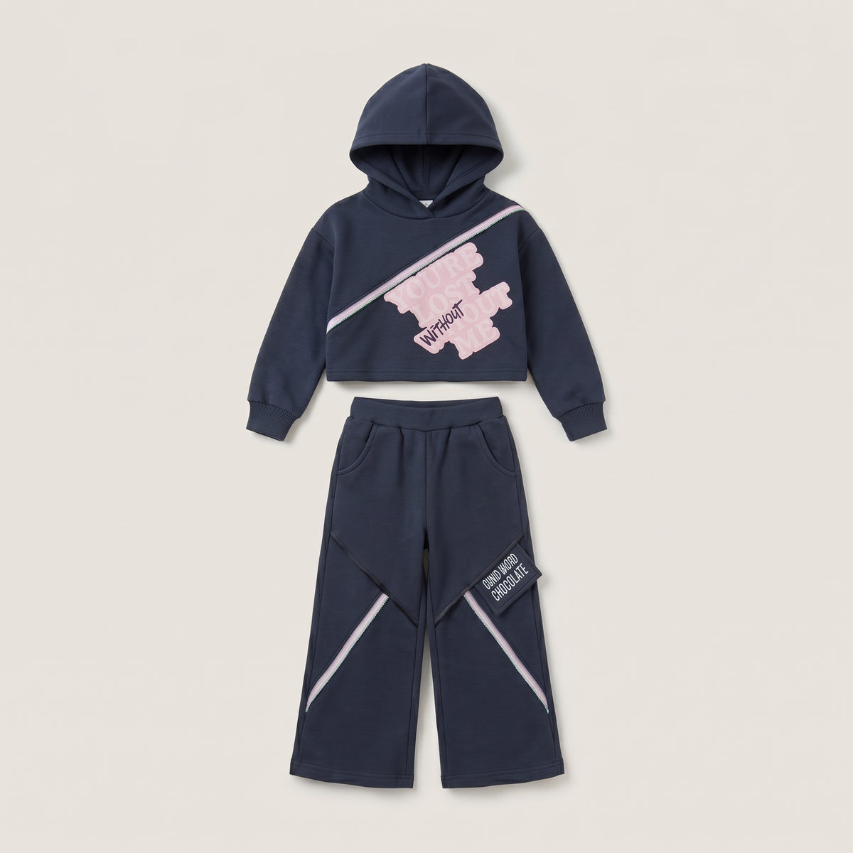 Girls' Dark Navy Graphic Hooded Sweatshirt & Wide-Leg Pants Set