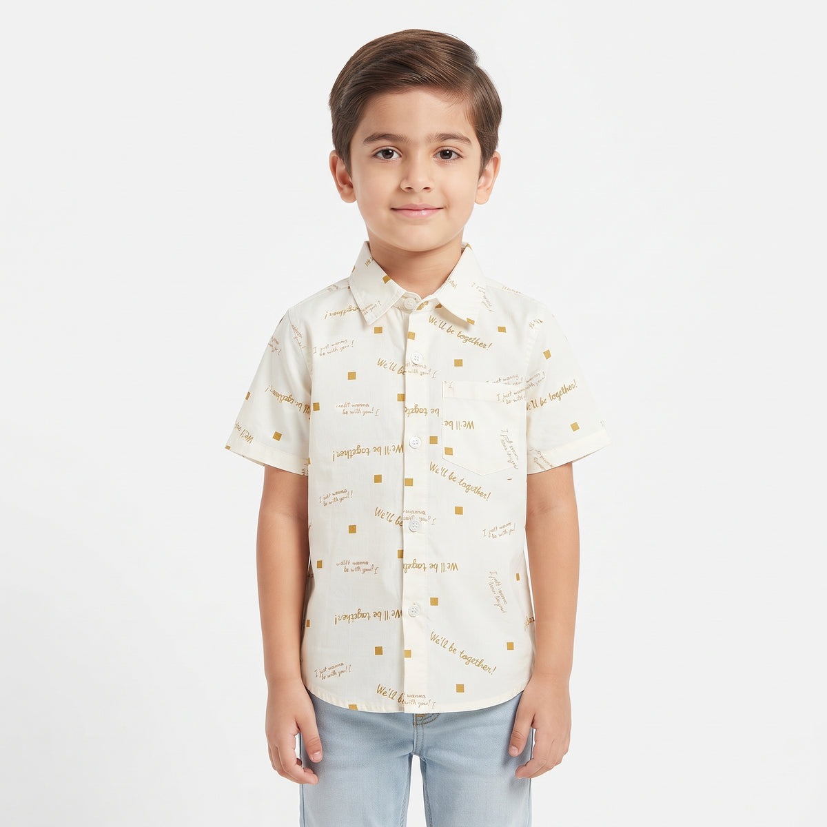 Boys "We'll be together!" All-Over Script Printed Short Sleeve Button-Down Shirt