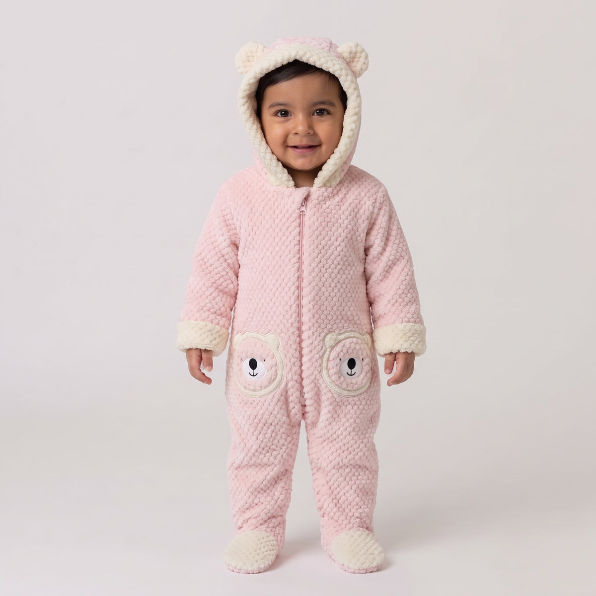 Newborn Baby Hooded Fleece Jumpsuit with Bear Pockets