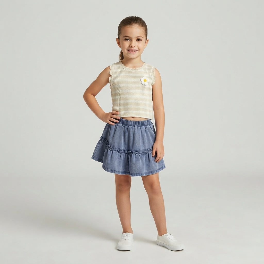 Girls Striped Top and Denim Skirt Set