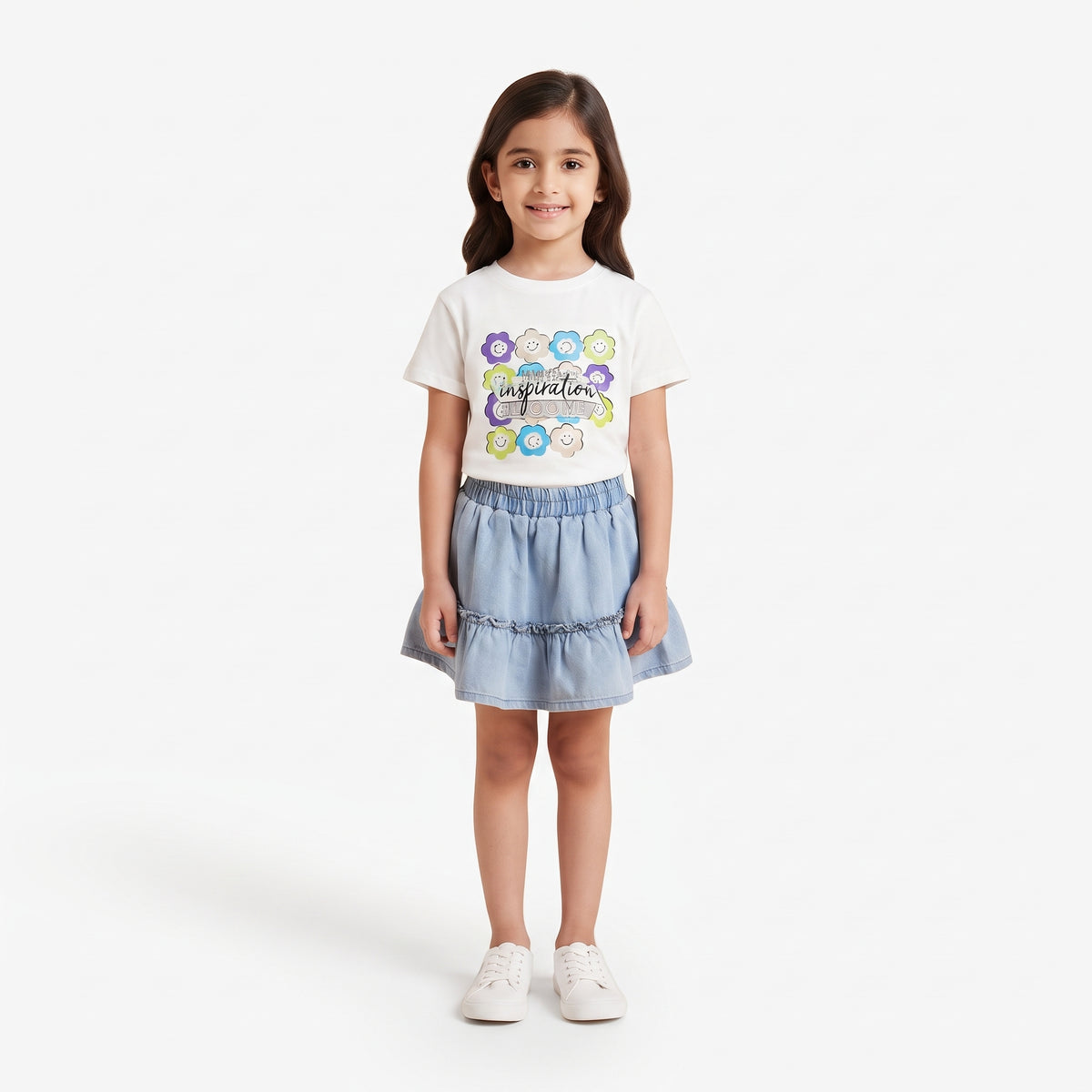 Girls "Inspiration" Printed T-Shirt and Denim Ruffle Skirt Set
