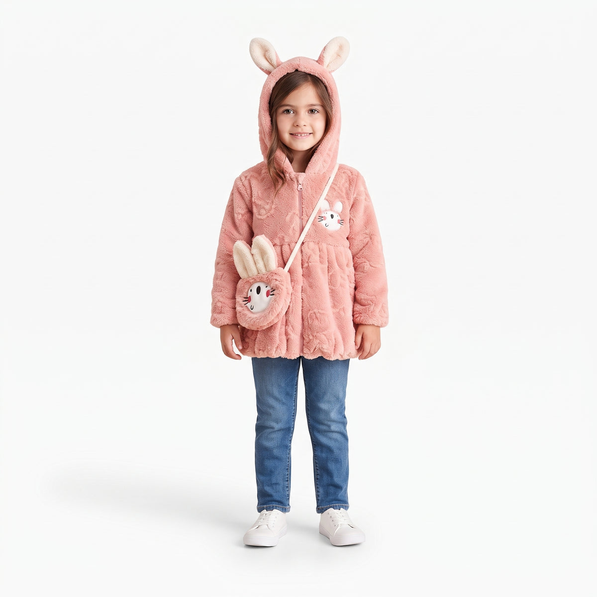 Girls Faux Fur Hooded Jacket with Matching Crossbody Bag