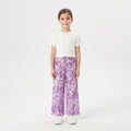 Girls White Ribbed T-Shirt and Purple Floral Wide-Leg Pants Set
