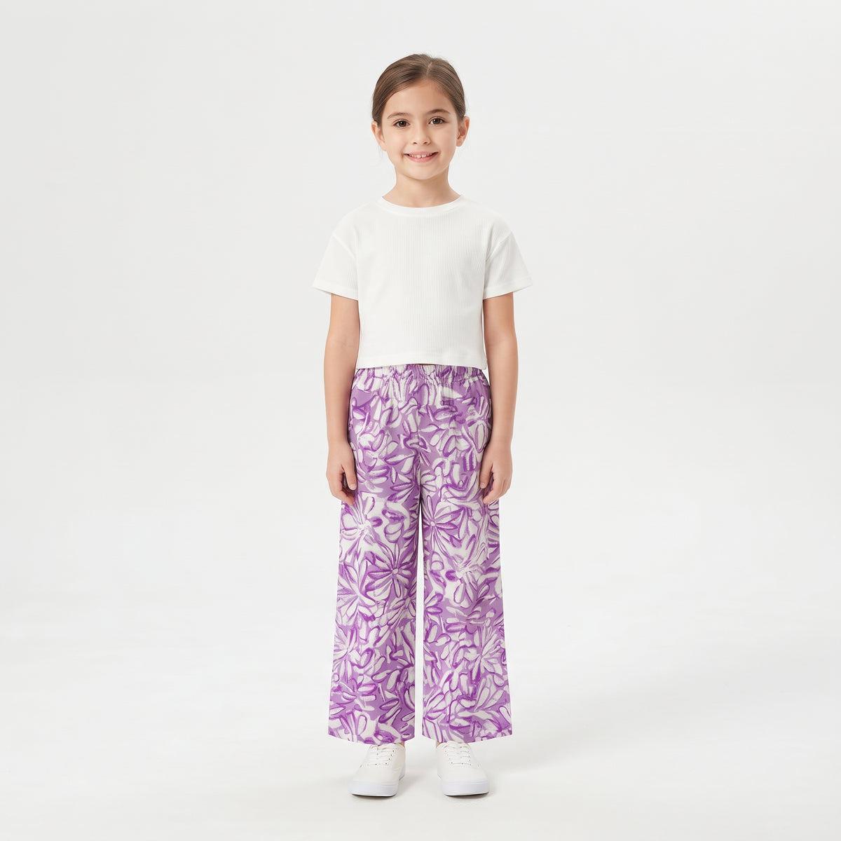Girls White Ribbed T-Shirt and Purple Floral Wide-Leg Pants Set