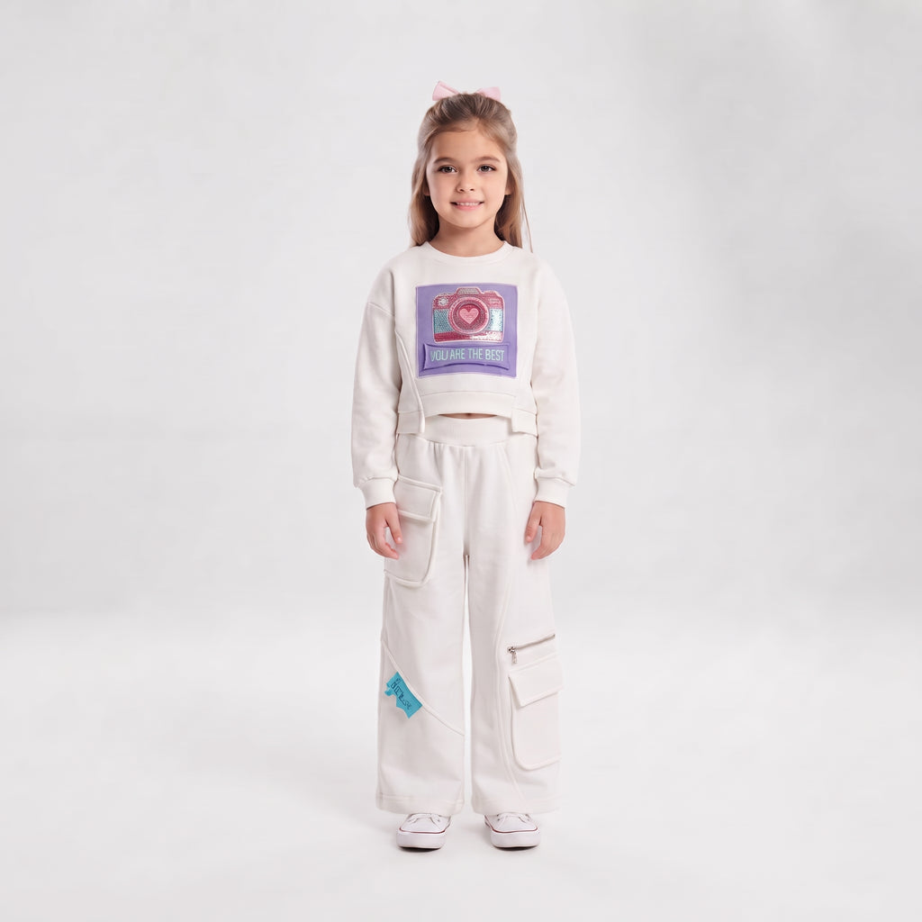 Girls' Camera Print Sweatshirt & Cargo Pants Set