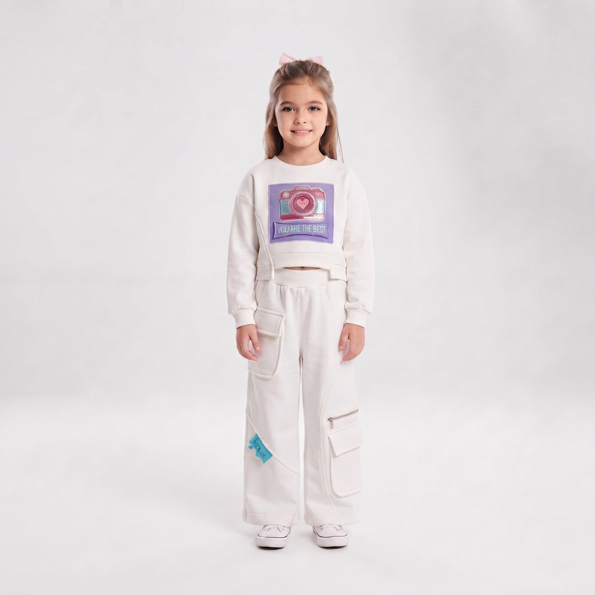 Girls' Camera Print Sweatshirt & Cargo Pants Set