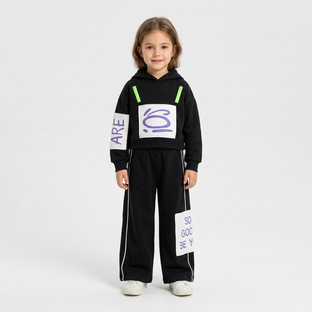 Girls' Black Graphic Hooded Sweatshirt & Wide-Leg Pants Set