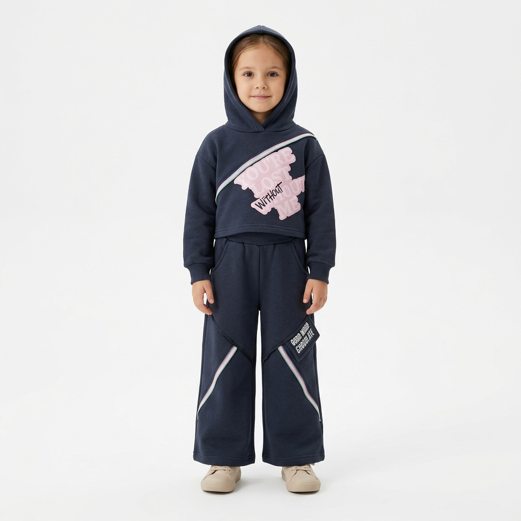 Girls' Dark Navy Graphic Hooded Sweatshirt & Wide-Leg Pants Set