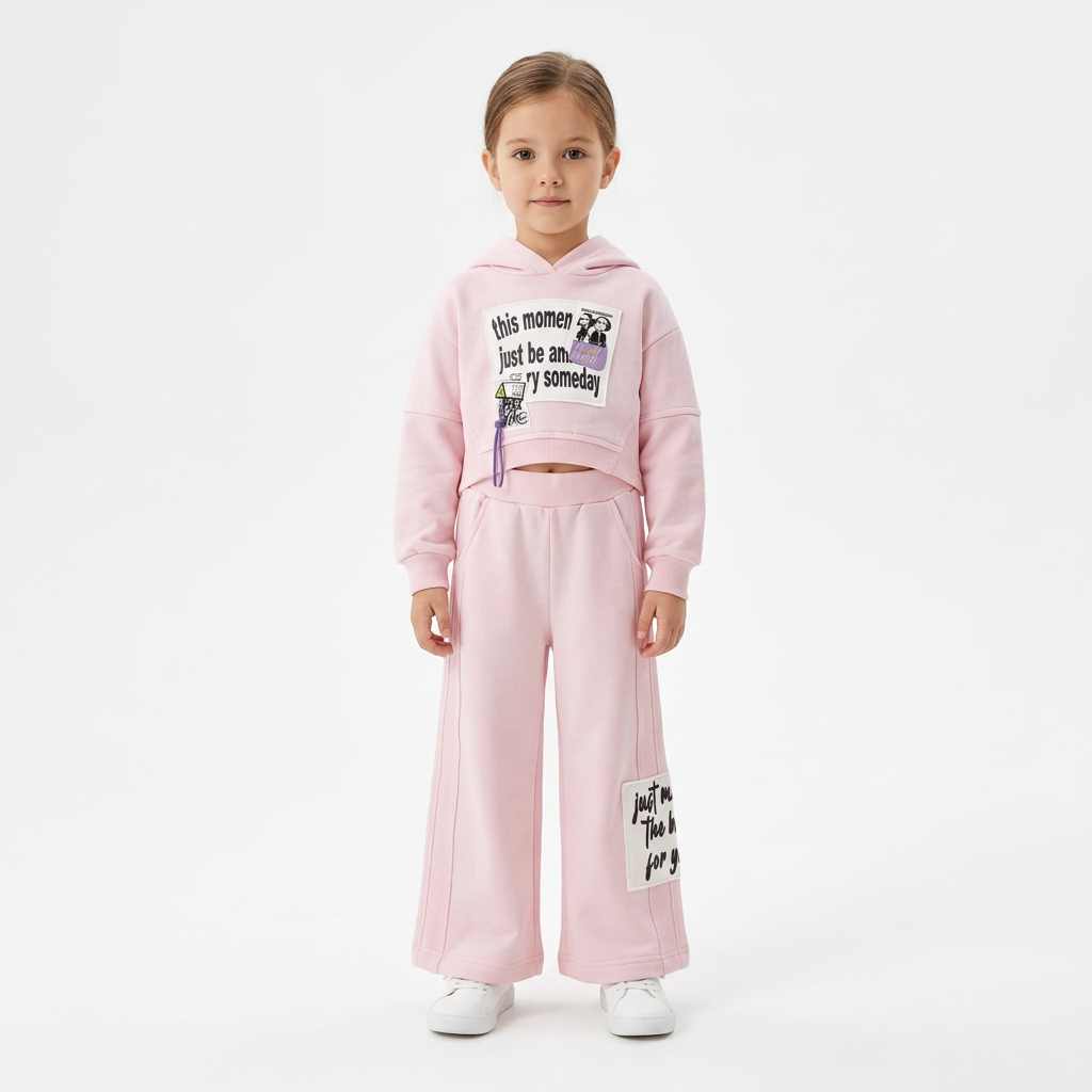 Girls' Pink Graphic Cropped Hoodie & Wide-Leg Pants Set