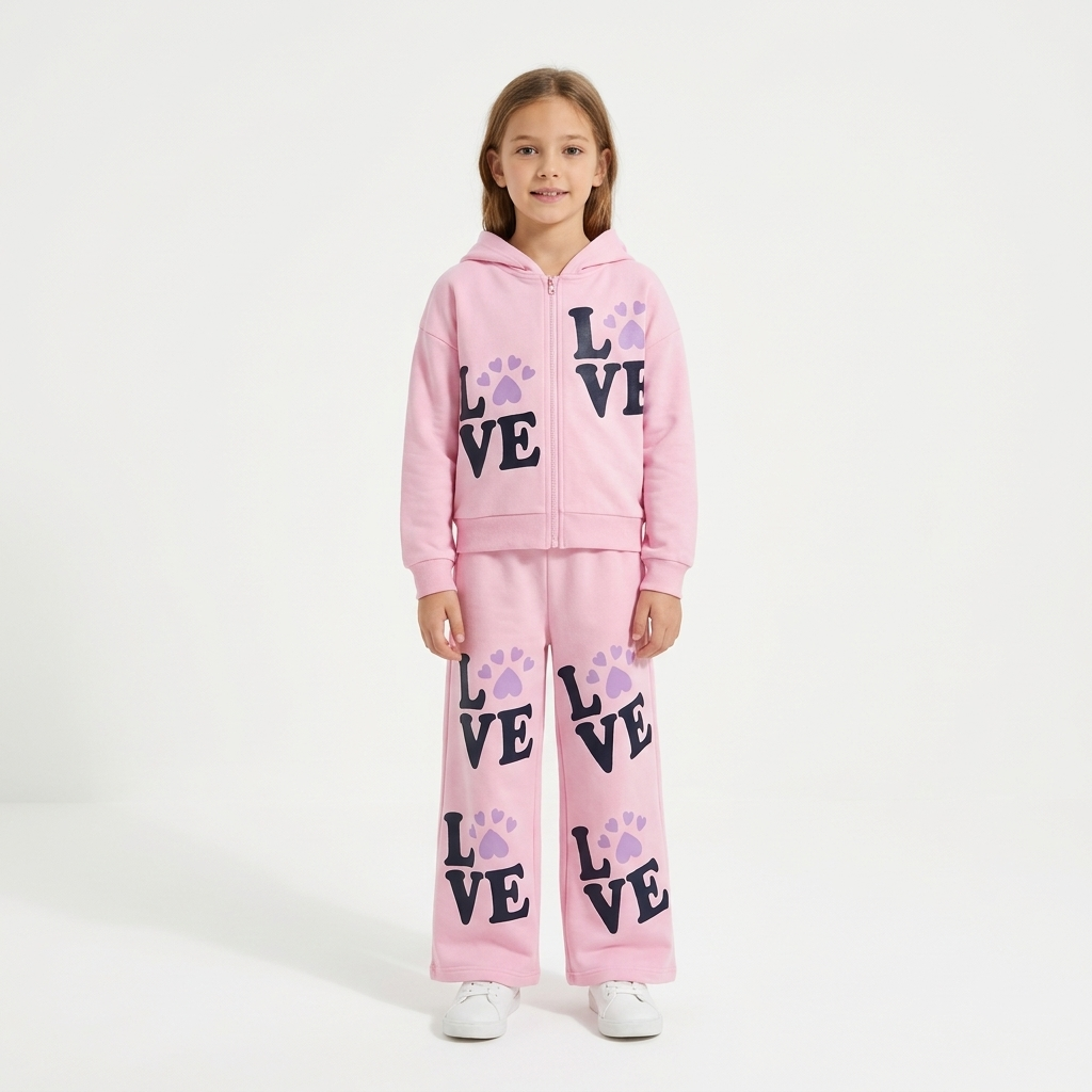 Girls' "LOVE" Zip-Up Hoodie & Wide-Leg Pants Set